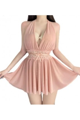 Nuisette transparant Sexy avec String pour Femmes- Lingerie Erotique 2 Pieces Taille Unique, Beige 