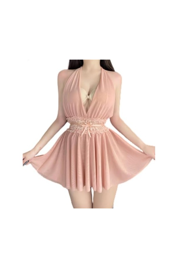 Nuisette transparant Sexy avec String pour Femmes- Lingerie Erotique 2 Pieces Taille Unique, Beige 