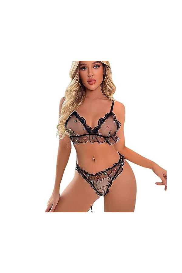 Nuisettes Et Deshabillés Ensemble De Lingerie Sexy Deux Pièces, Lingerie Sexy Transparente À Volants De Grande Taille, Noir, 