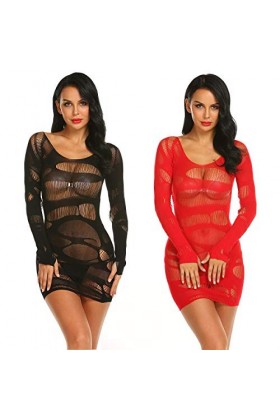 LOVELYBOBO 2 Pack Femmes Rayé Lingerie Résille Mini Robe Sexy Vêtements De Nuit Crotchet Mesh Creuser Mini Robe Nuisette Bret