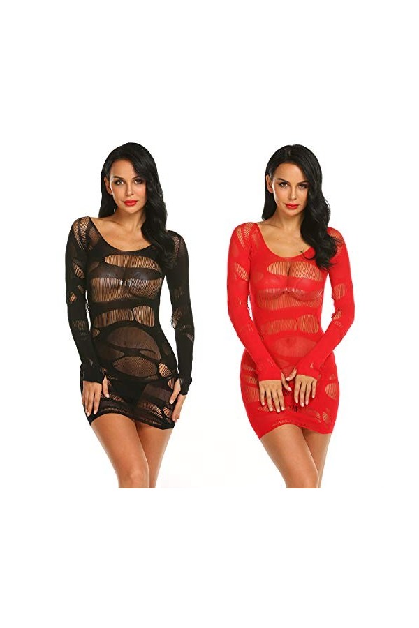 LOVELYBOBO 2 Pack Femmes Rayé Lingerie Résille Mini Robe Sexy Vêtements De Nuit Crotchet Mesh Creuser Mini Robe Nuisette Bret