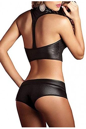 Sxybox Sexy Erotique Cuir Wetlook Lingerie Set Ouvert Décolleté Dos Nu Vêtements de Club, Noir, Taille Unique