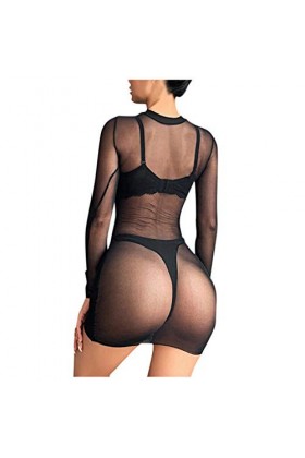 BaoDan Robe Sexy Femme Club Libertin Transparente Grande Taille en Maille à Manches Longues Sheer See-Through Long Sleeve Cro