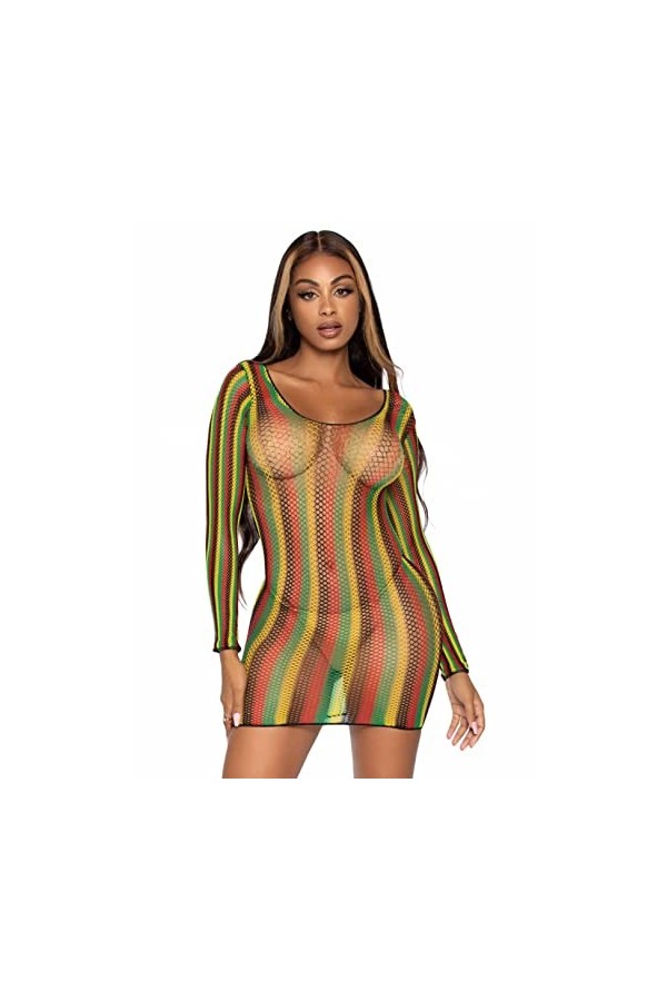 Leg Avenue 86959-10122 Rasta Net Robe Courte à Manches Longues Multicolore Taille O/S Costumes Adulte, Unique Femme