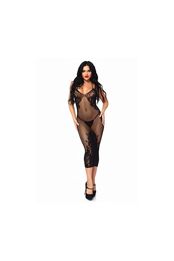Leg Avenue 86064 Robe Résille/Dentelle sans Couture avec Effet Laçage à lArrière Noir Taille Unique 36-40