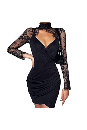 sujinxiu Robe en Maille à Pois Sexy pour Femmes à Manches Longues découpée en Dentelle Transparente enveloppante Mini Robe po