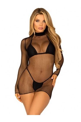 Leg Avenue Mini-Robe en Résille à Manches Longues à Col Montant Noir Taille Unique