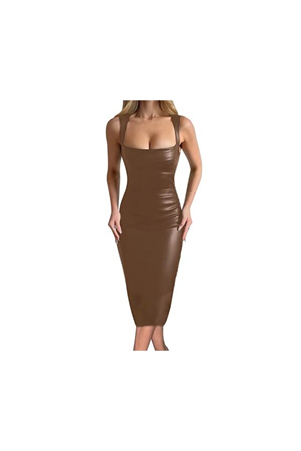 EGSDMNVSQ Robe en Cuir Femme Robe Crayon Sexy Robe Dété sans Manches Slim Dos Nu Clubwear Tendance Wetlook