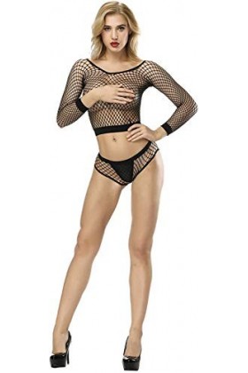 Creamlin Mini-robe en resille Babydoll en resille pour femme Taille libre,Taille unique,Noir