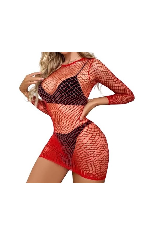 TOYTEM Lingerie sexy en maille à manches longues en dentelle pour fétiche - Tenue érotique - Costume érotique - Body crépu - 