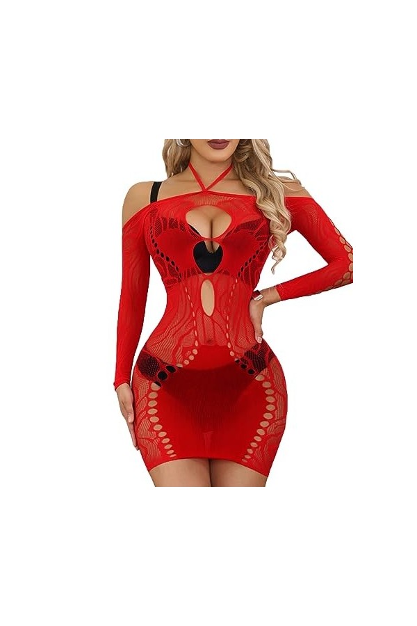 Buitifo Lingerie Sexy pour Femme Mini Robe Halter Bodycon Hollow Out Lingerie sous-vêtements KL-Black,M 