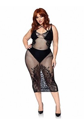 Leg Avenue Robe sans Coutures en Résille/Dentelle avec Effet Laçage dans Dos Noir Taille 1X-2X