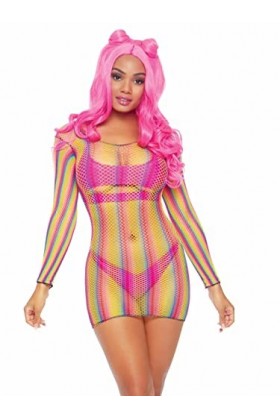 Leg Avenue Mini Robe en Résille Arc-en-Ciel à Manches Longues Multicolore Taille Unique