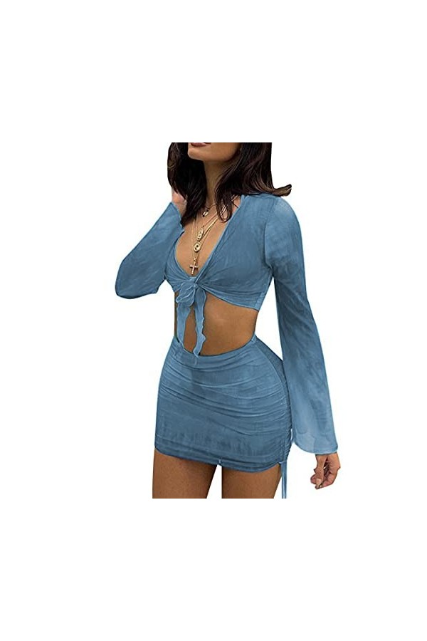 SHESEEWORLD Robe sexy longue sans manches 2 pièces en maille transparente pour femme, bleu, Taille M
