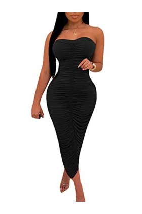 BEAGIMEG Robe Longue Moulante Sexy froncée sans Bretelles - Jaune - Taille S