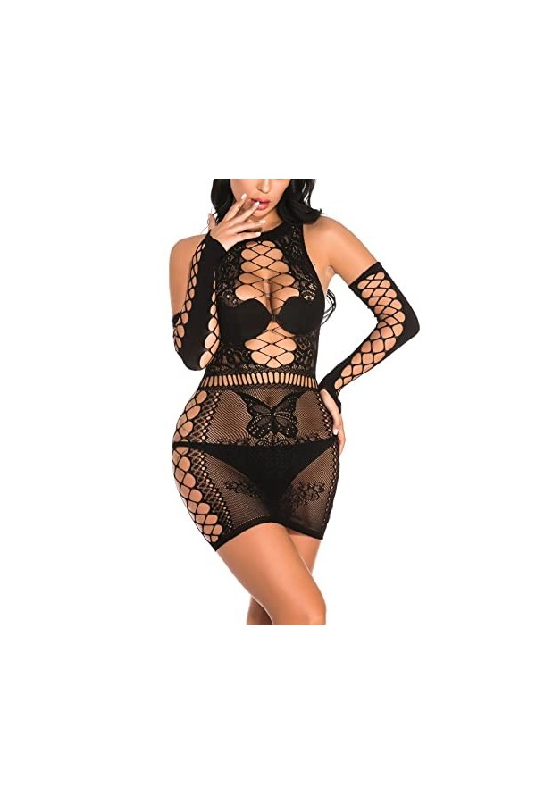 ROSVAJFY Lingerie Résille Femme Mini Robe Maille Élastique Transparente Vêtements de Nuit Lingerie Sexy Résille sous-Vêtement
