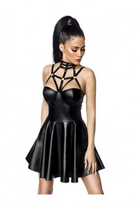 SARESIA M796 Mini robe évasée pour femme Effet mouillé - Noir - 34