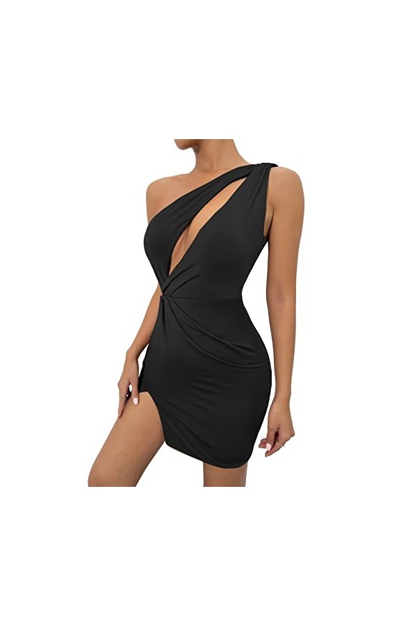 SEAUR Sexy Robe Elegant à Une Éapule Couleur Unie Mini Robe Stretch avec Cordon Creux Out pour Fête