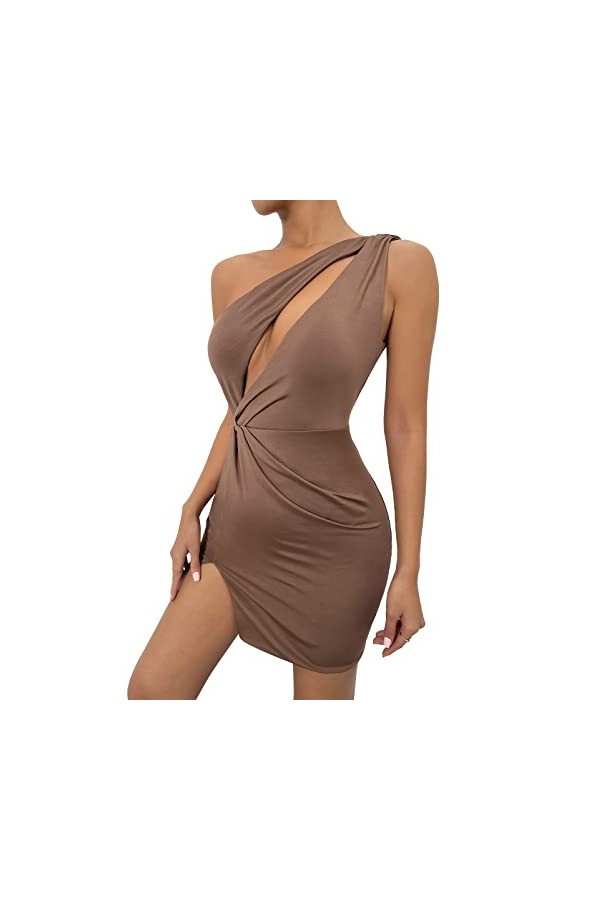 SEAUR Sexy Robe Elegant à Une Éapule Couleur Unie Mini Robe Stretch avec Cordon Creux Out pour Fête