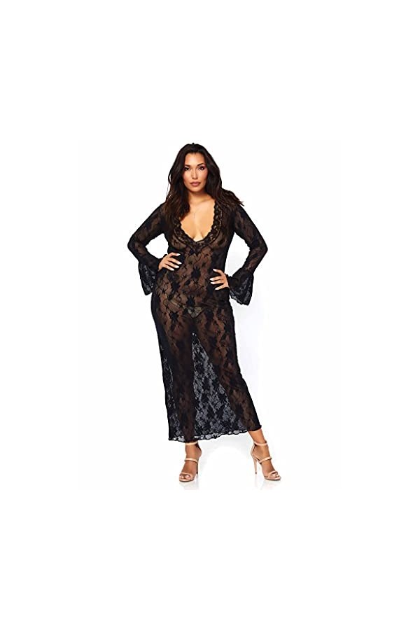 Leg Avenue 86092Q Longue Robe en Dentelle Stretch avec Décolleté Plongeant Noir Taille Plus 42-46