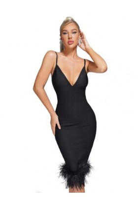 BELLA BARNETT Robe bandage midi à plumes, noir, Taille S