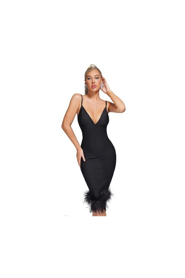 BELLA BARNETT Robe bandage midi à plumes, noir, Taille S