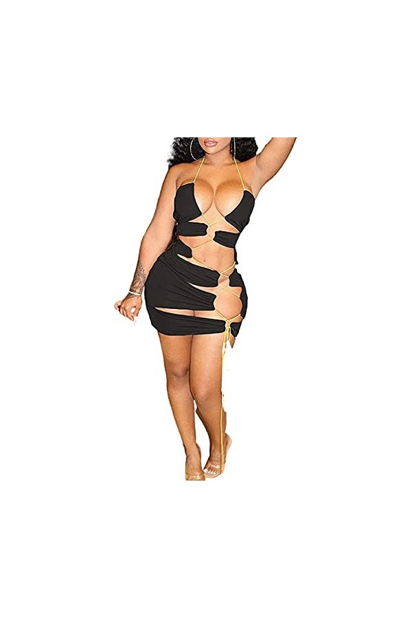 Qtinghua Sexy Criss Cross sans Manches Dos Nu Robe Femmes Halter Cou Bandage Découpé Wrap Mini Robes Y2K Club Party Night Str