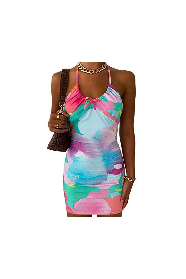 Qtinghua Sexy Criss Cross sans Manches Dos Nu Robe Femmes Halter Cou Bandage Découpé Wrap Mini Robes Y2K Club Party Night Str