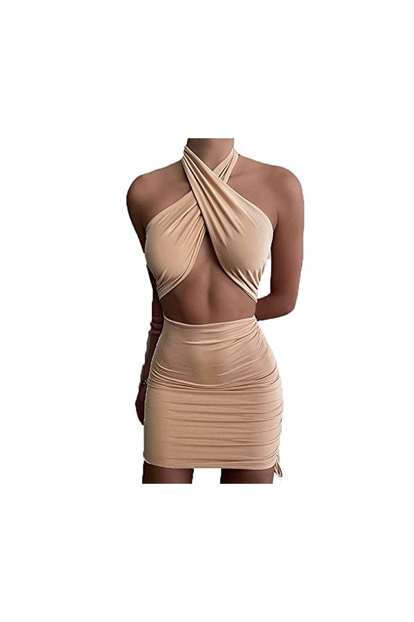 Qtinghua Sexy Criss Cross sans Manches Dos Nu Robe Femmes Halter Cou Bandage Découpé Wrap Mini Robes Y2K Club Party Night Str