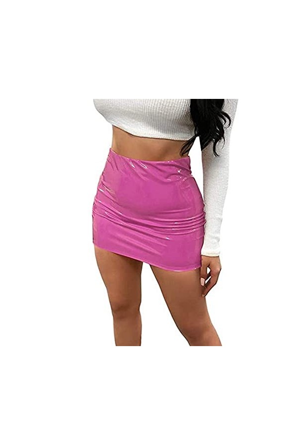 Achlibe Mini jupe crayon moulante sexy en similicuir effet mouillé pour femme - Argenté - 44