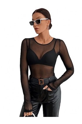 GORGLITTER T-shirt à manches longues pour femme en maille filet sexy transparent avec t-shirt en maille, Noir , M