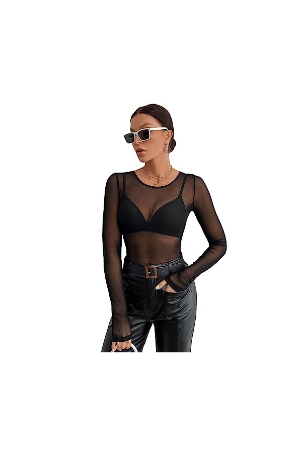 GORGLITTER T-shirt à manches longues pour femme en maille filet sexy transparent avec t-shirt en maille, Noir , M