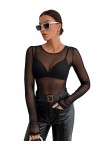 GORGLITTER T-shirt à manches longues pour femme en maille filet sexy transparent avec t-shirt en maille, Noir , M