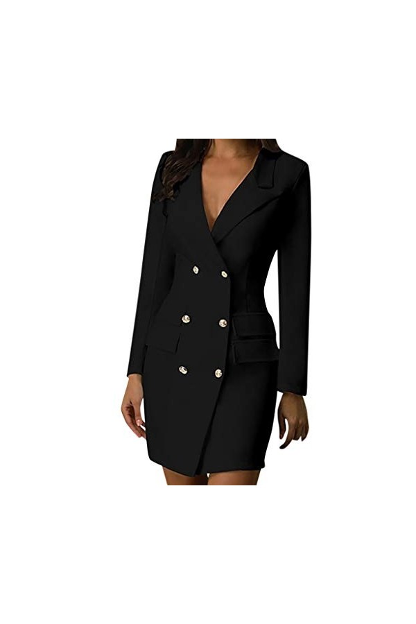 Robe Blazer Femme Élégante : Robe business Femme Manches Longues Col en V Robe Chemise Double Boutonnage Bodycon Robe Crayon 