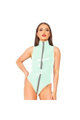 JQYTEN PVC érotique Faux Cuir Catsuit Fermeture éclair Avant Ouvert Entrejambe Combinaisons Punk Boucle sans Manches Body fét