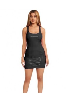 THSCWY Mini robe moulante en similicuir et latex pour femme avec col rond et col rond, Noir, M