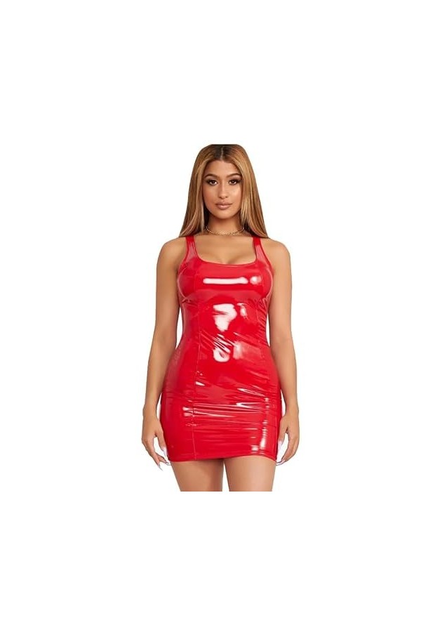 THSCWY Mini robe moulante en similicuir et latex pour femme avec col rond et col rond, Noir, M