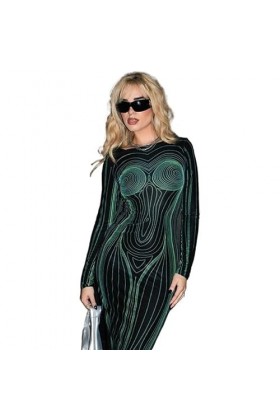 JEKKAH Robe Longue dautomne for Femmes, Sexy, imprimé Corps Humain 3D, Manches Longues, soirée, Club, Moulante, Streetwear, 