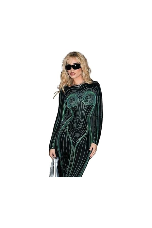 JEKKAH Robe Longue dautomne for Femmes, Sexy, imprimé Corps Humain 3D, Manches Longues, soirée, Club, Moulante, Streetwear, 