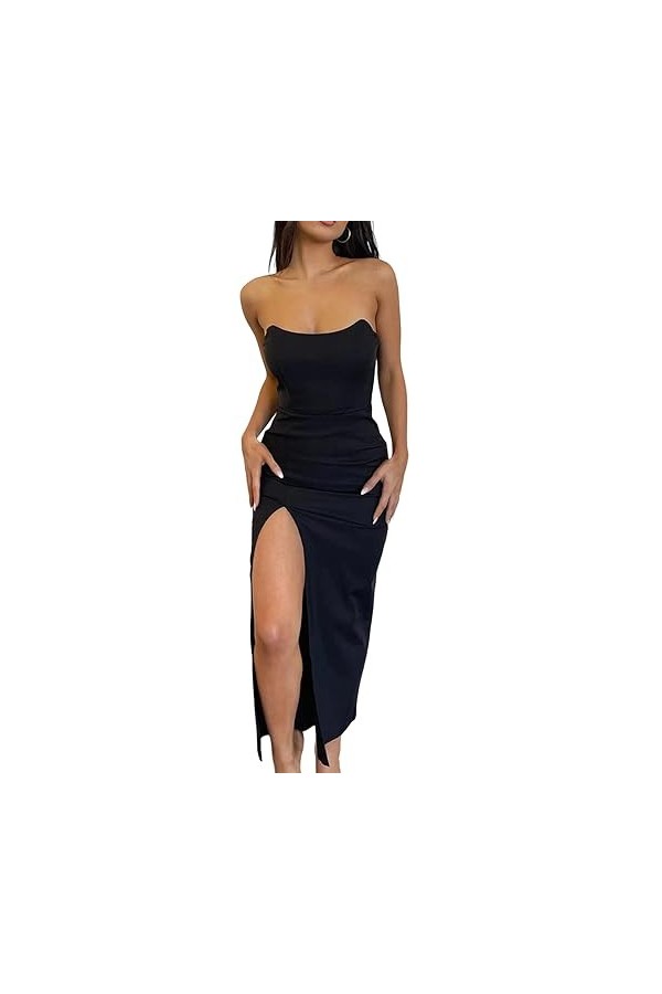 Lovehomily Femmes sans Bretelles sans Manches Club Sexy Moulante Tube Longue Robe Dames Sexy épaules Nues côté Fente Robe fro