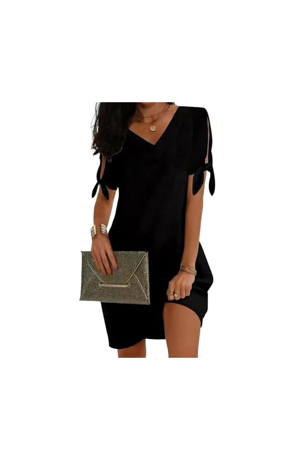 Robe Courte en Soie glacée pour Femmes, Couleur Unie, vêtements féminins à Manches Courtes Vin Rouge 2XL