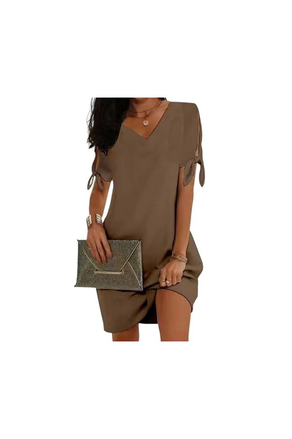 Robe Courte en Soie glacée pour Femmes, Couleur Unie, vêtements féminins à Manches Courtes Vin Rouge 2XL