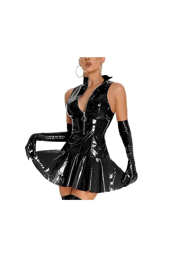 WSZJLN Femmes Sexy sans Manches en Cuir Verni Mini Robe Moulante Robes De Club Fermeture Éclair Robe Crayon Soirée Discothèqu