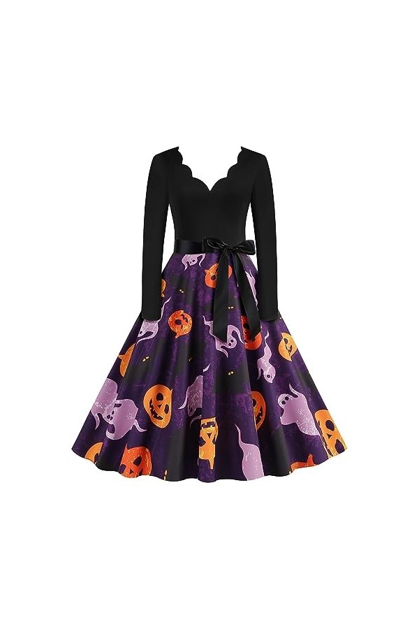 CUTeFiorino Robe Femme Taille 46 Halloween Tête de Citrouille Col V Manches Longues Imprimé Sexy Grande Robe Swing Femmes Vêt