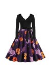 CUTeFiorino Robe Femme Taille 46 Halloween Tête de Citrouille Col V Manches Longues Imprimé Sexy Grande Robe Swing Femmes Vêt