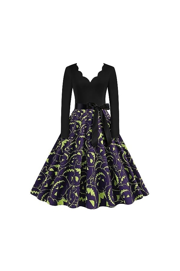 CUTeFiorino Robe Femme Taille 46 Halloween Tête de Citrouille Col V Manches Longues Imprimé Sexy Grande Robe Swing Femmes Vêt