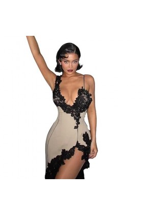 JEKKAH Robe Sexy à col Licou, décolleté en V Profond, Slim, montrant Les Seins, Dos Nu, tempérament, Paquet de Hanche, Robe C