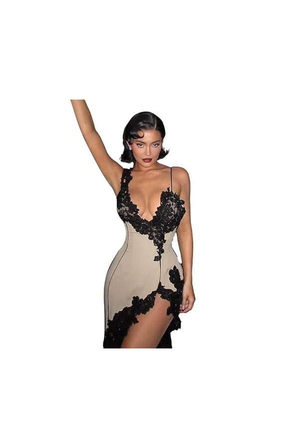 JEKKAH Robe Sexy à col Licou, décolleté en V Profond, Slim, montrant Les Seins, Dos Nu, tempérament, Paquet de Hanche, Robe C