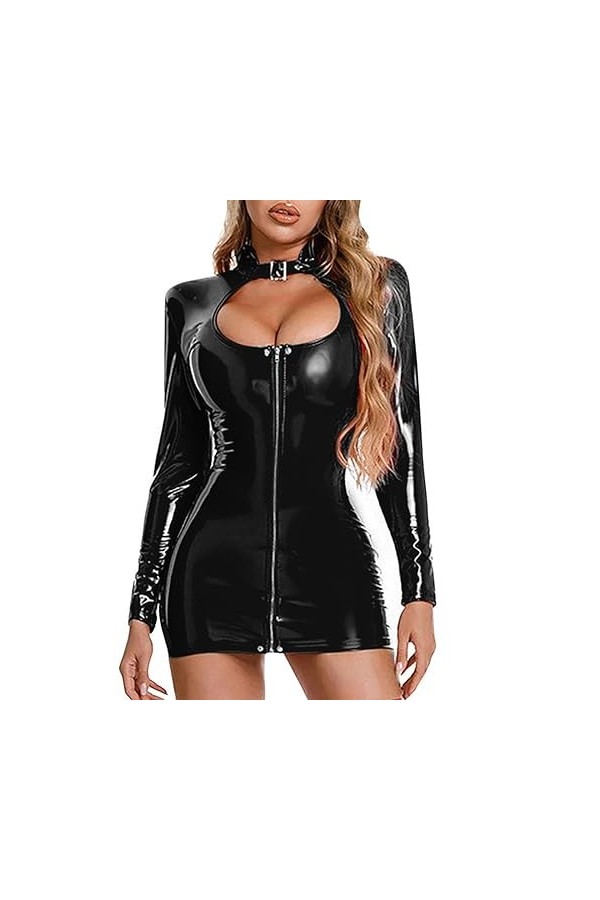 WEITING Femmes Noir Rouge Wetlook Robe en Cuir Verni Pole Dance Raves Tenue de Fête Fermeture Éclair Col Montant Look Mouillé