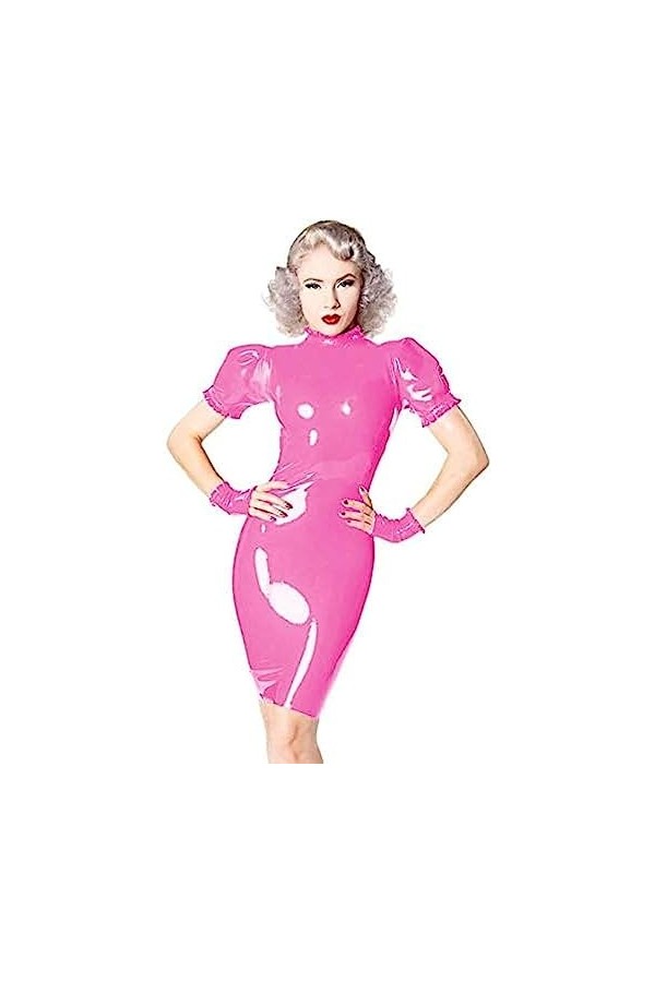 12 Colors Puff Sleeves Mini Dress Ladies Bodycon Zip PVC Club Dress,Black,3X-Large